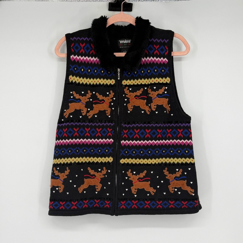 Vintage Designer Originals Studio Reindeer Christmas Sweater Vest L Faux Fur